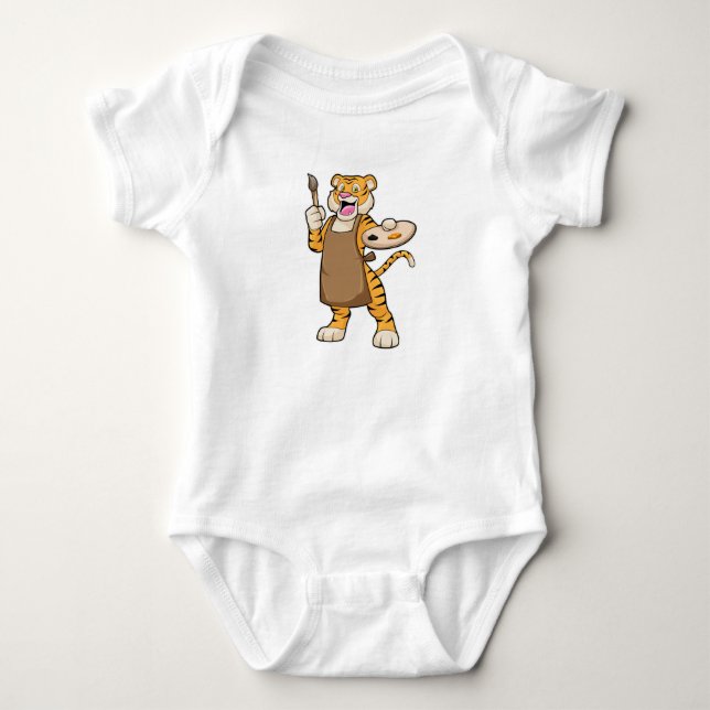 Tiger at Painting with Paint & Brush Baby Bodysuit (Front)