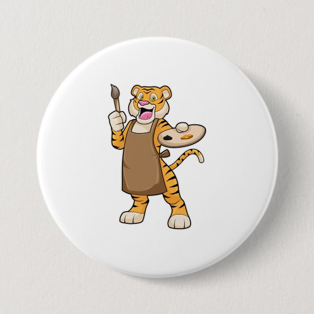 Tiger at Painting with Paint & Brush Button (Front)