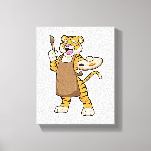 Tiger at Painting with Paint & Brush Canvas Print (Front)