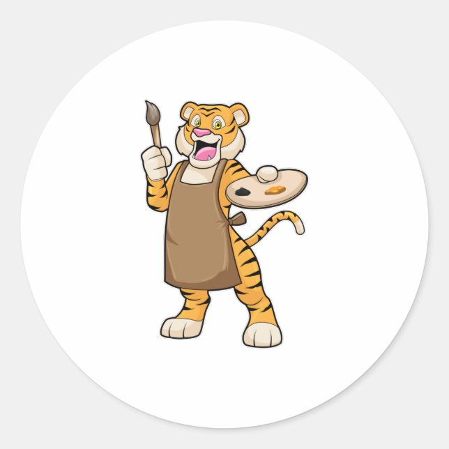 Tiger at Painting with Paint & Brush Classic Round Sticker (Front)