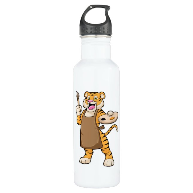 Tiger at Painting with Paint & Brush Stainless Steel Water Bottle (Front)