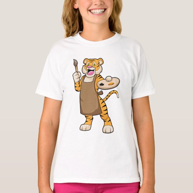 Tiger at Painting with Paint & Brush T-Shirt (Front)