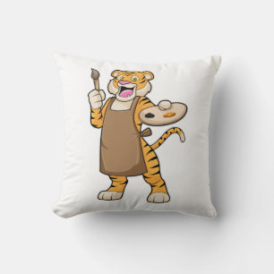 Tiger at Painting with Paint & Brush Throw Pillow
