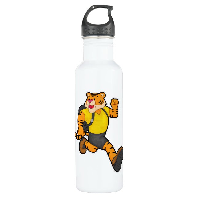 Tiger at Running with Backpack Stainless Steel Water Bottle (Front)