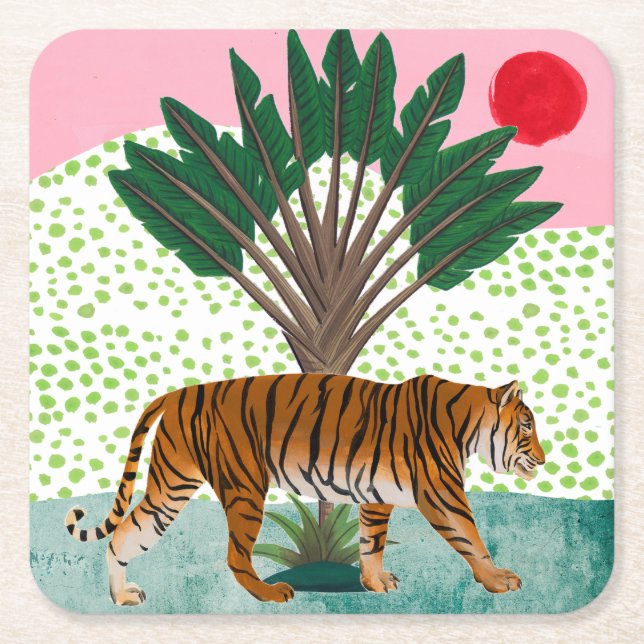 Tiger at Sunset Square Paper Coaster (Front)