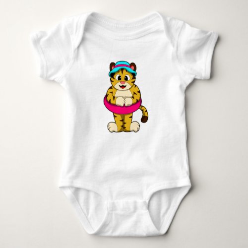 Tiger at Swimming with Swim ring  Hat Baby Bodysuit