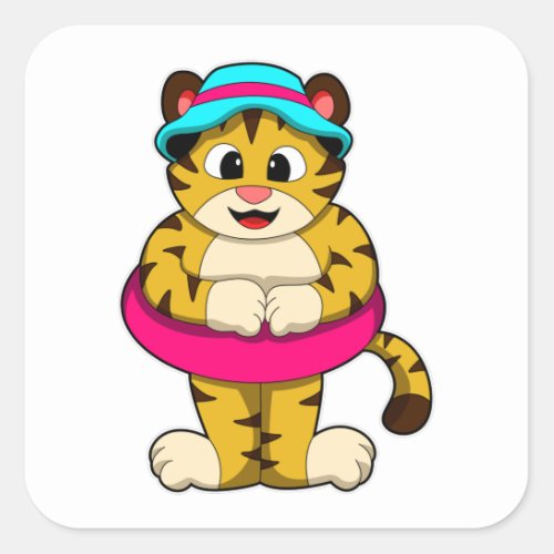 Tiger at Swimming with Swim ring  Hat Square Sticker