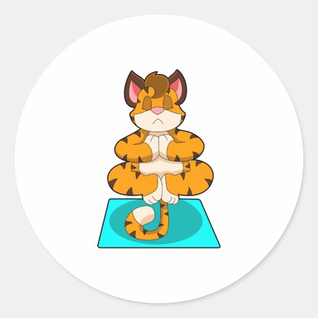 Tiger at Yoga on Yoga mat Classic Round Sticker (Front)