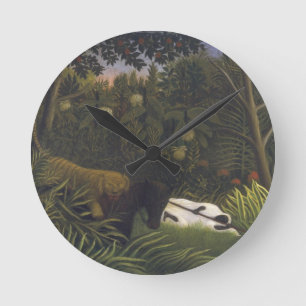 Tiger Attacking a Horse and a Sleeping Black Man ( Round Clock