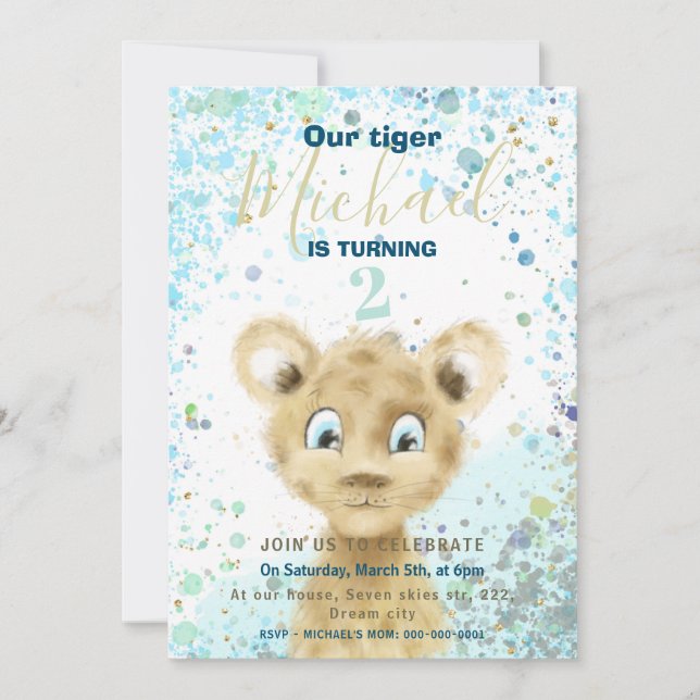 Tiger baby animal boy's birthday party invitation (Front)