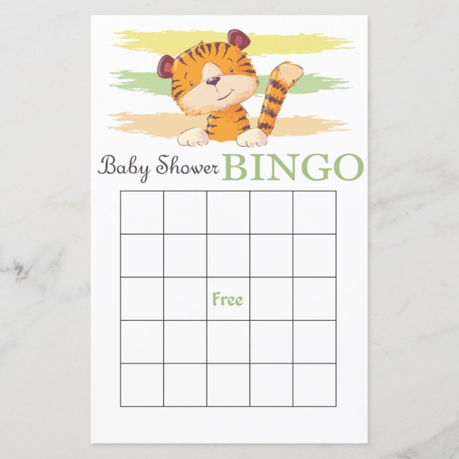 Tiger baby shower bingo card (Front)