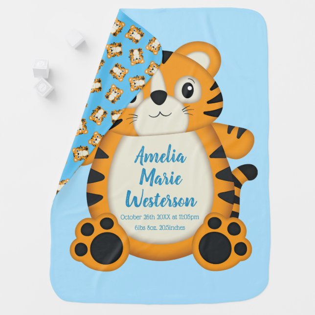 Tiger Baby Shower Blue Baby Blanket (In Situ)