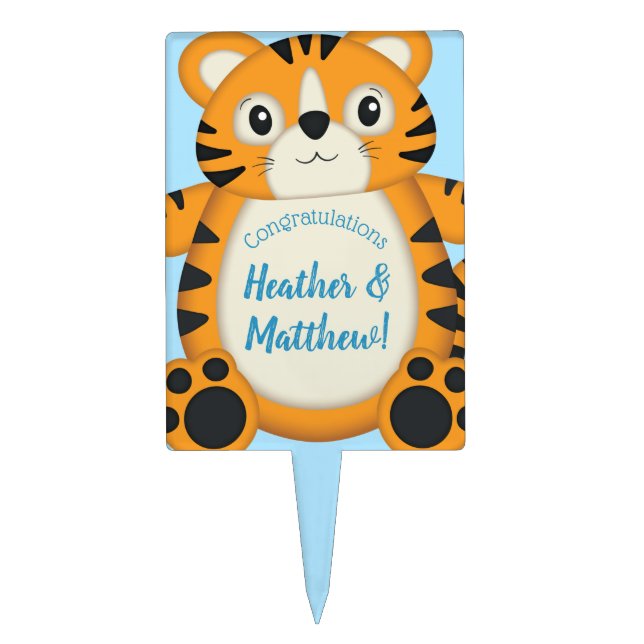 Tiger Baby Shower Blue Cake Topper (Front)