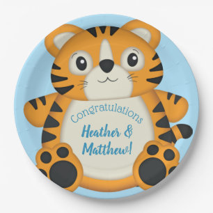 Tiger Baby Shower Blue Paper Plates