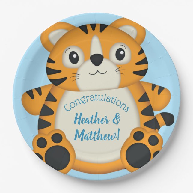 Tiger Baby Shower Blue Paper Plates (Front)