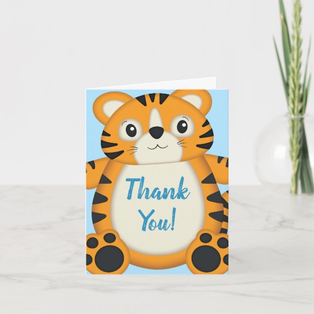 Tiger Baby Shower Blue Thank You Card (Front)