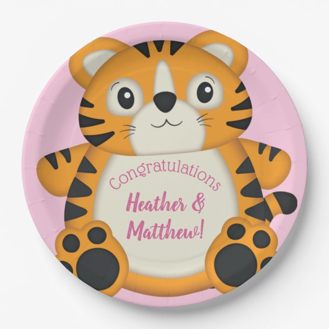 Tiger Baby Shower Pink Paper Plates (Front)