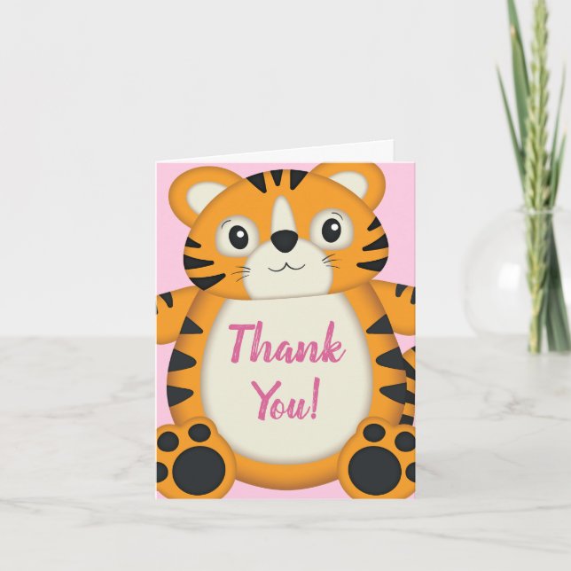 Tiger Baby Shower Pink Thank You Card (Front)