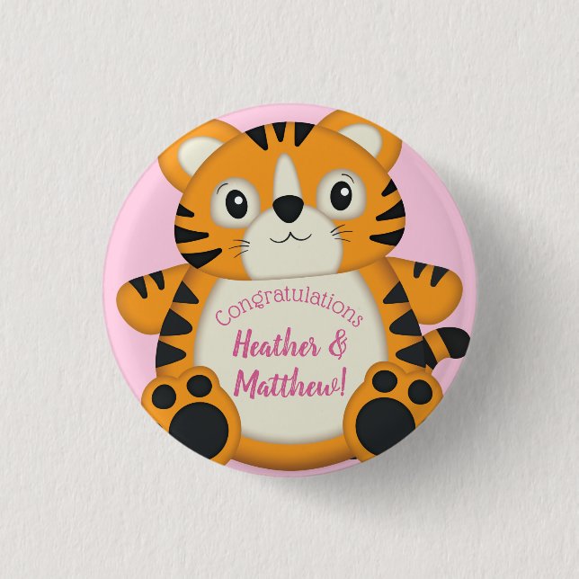 Tiger Baby Shower Safari Pink Girl Button (Front)
