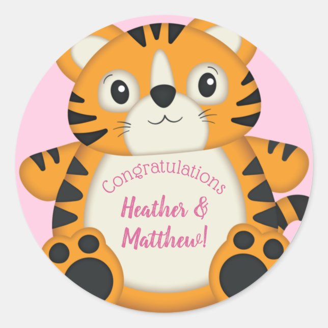 Tiger Baby Shower Safari Pink Girl Classic Round Sticker (Front)