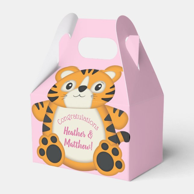 Tiger Baby Shower Safari Pink Girl Favor Boxes (Front Side)