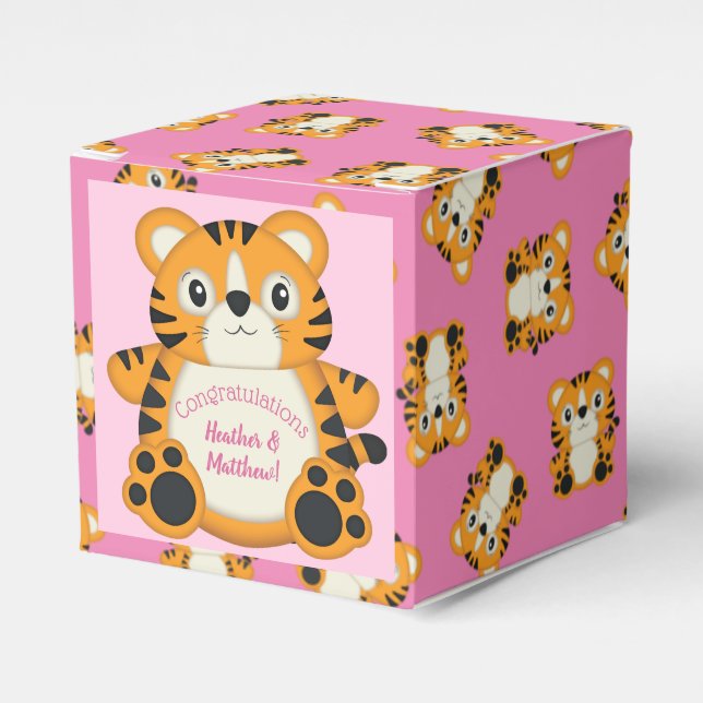 Tiger Baby Shower Safari Pink Girl Favor Boxes (Front Side)