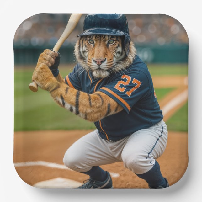 Tiger Baseball Player #27 Up To Bat Paper Plates (Front)