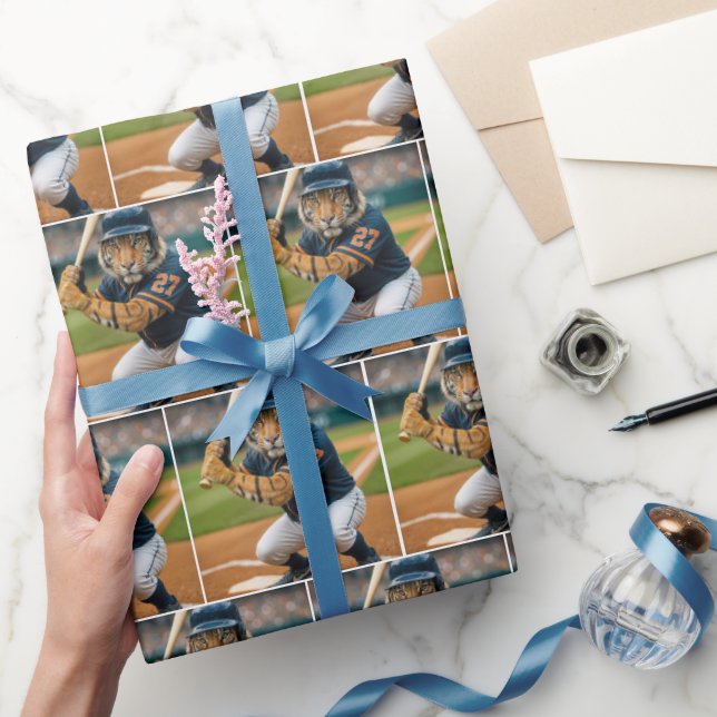 Tiger Baseball Player #27 Up To Bat Wrapping Paper (Gifting)
