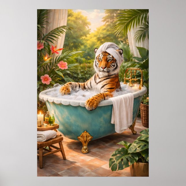 Tiger Bath Poster, Funny Jungle Spa Print (Front)