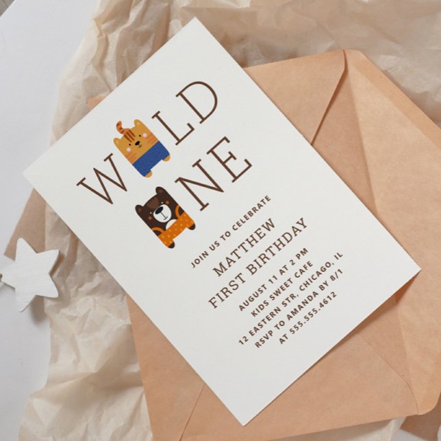 Tiger bear animal safari Wild One 1st Birthday Invitation (Creator Uploaded)