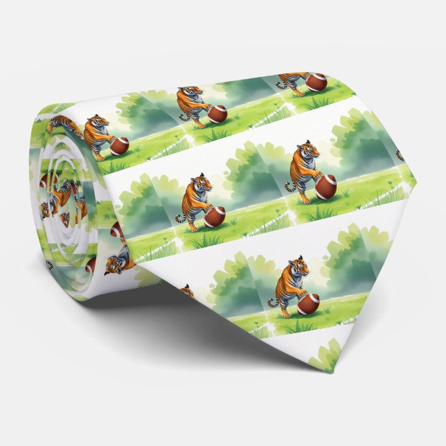 Tiger Bengal Mascot With Football   Neck Tie (Rolled)