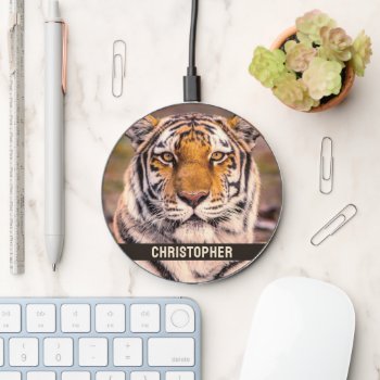 Tiger Big Cat Closeup Photo Add Name Wireless Charger by ironydesignphotos at Zazzle
