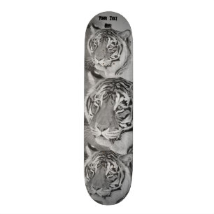 tiger big cat realist portrait painting monochrome skateboard deck
