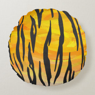 Tiger Black and Orange Print Round Pillow