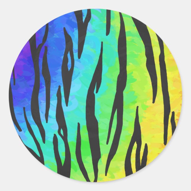 Tiger Black and Rainbow Print Classic Round Sticker (Front)