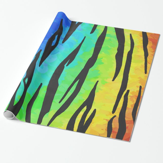 Tiger Black and Rainbow Print Wrapping Paper (Unrolled)
