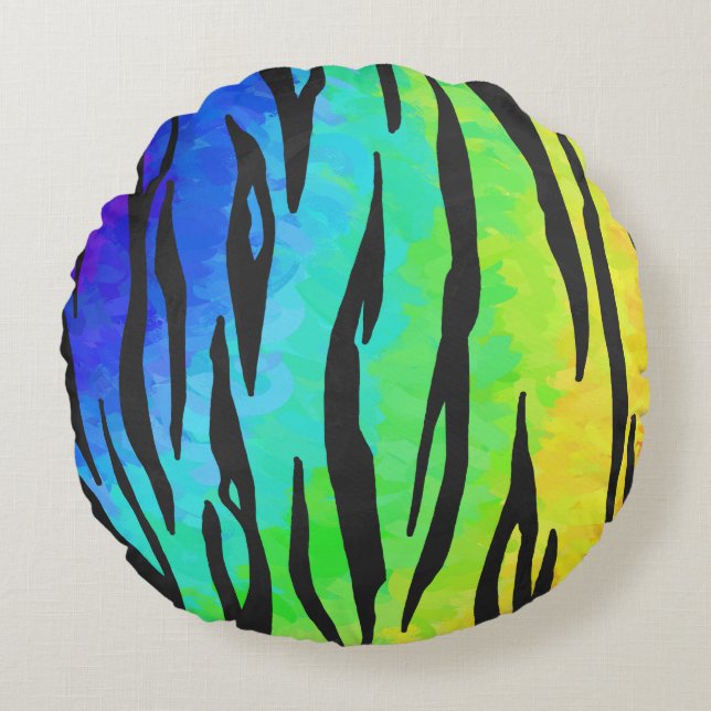 Tiger Black and Rainbow Stuff Round Pillow (Front)