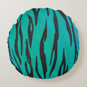 Tiger Black and Teal Print Round Pillow