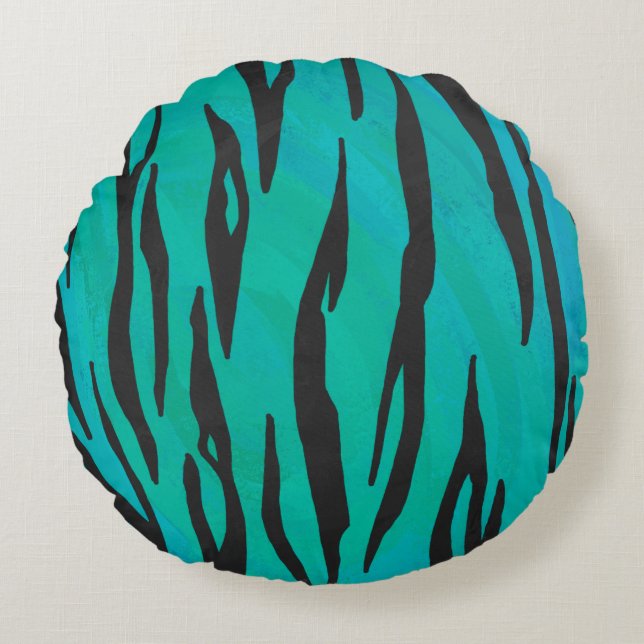 Tiger Black and Teal Print Round Pillow (Front)