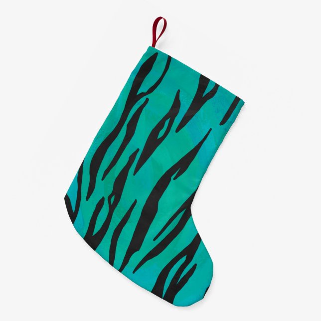 Tiger Black and Teal Print Small Christmas Stocking (Front (Hanging))