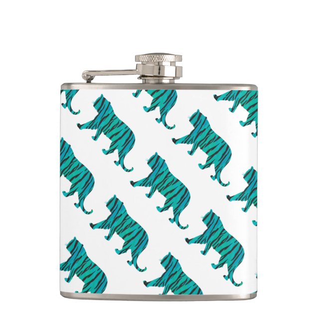 Tiger Black and Teal Silhouettes Hip Flask (Front)