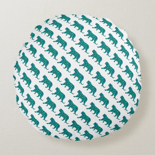 Tiger Black and Teal Silhouettes Round Pillow (Front)