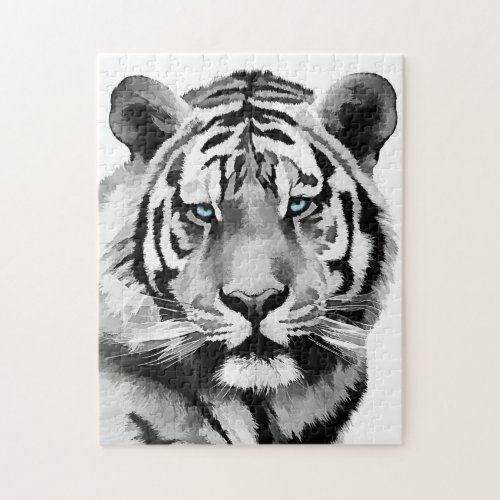 Tiger Black and White Blue eyes Jigsaw Puzzle