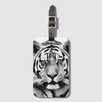 Tiger Black And White Blue Eyes Luggage Tag by laureenr at Zazzle