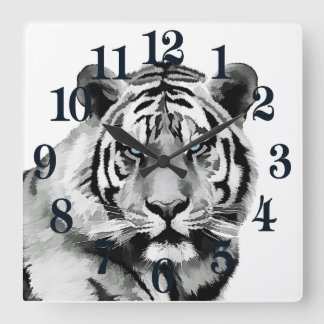 Tiger Black and White Blue eyes Square Wall Clock
