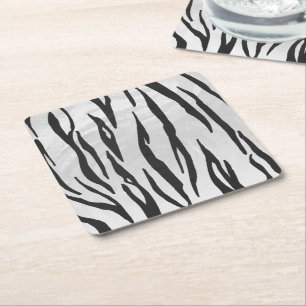 Tiger Black and White Print Square Paper Coaster