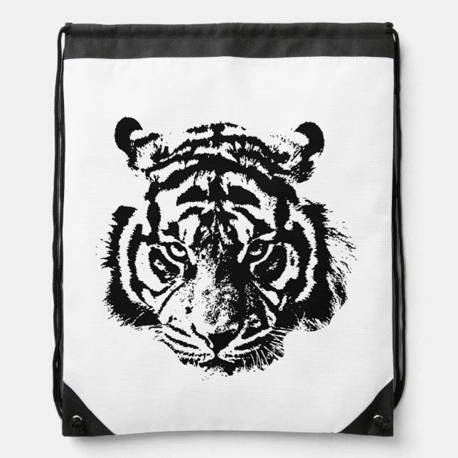 Tiger Black & White Pop Art Motivation Drawstring Bag (Front)