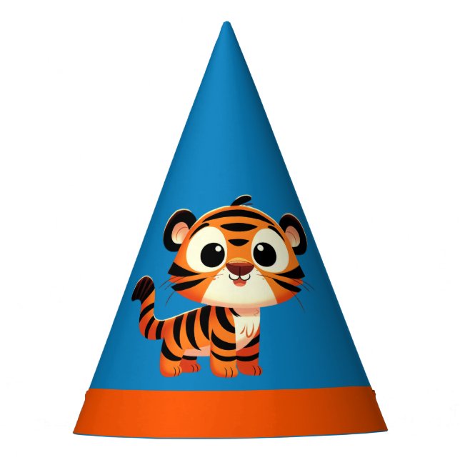 Tiger Blue Orange Boy 3rd Birthday Party Hat (Front)