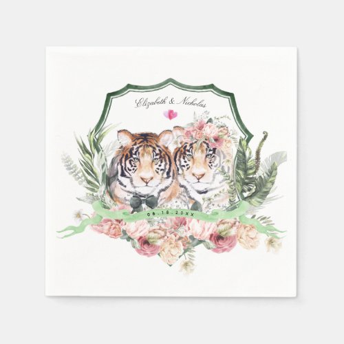 Tiger Bride Groom  Greenery Floral Crest Wedding Napkins