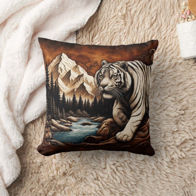 Tiger by River in Mountain Scene Throw Pillow (Blanket)
